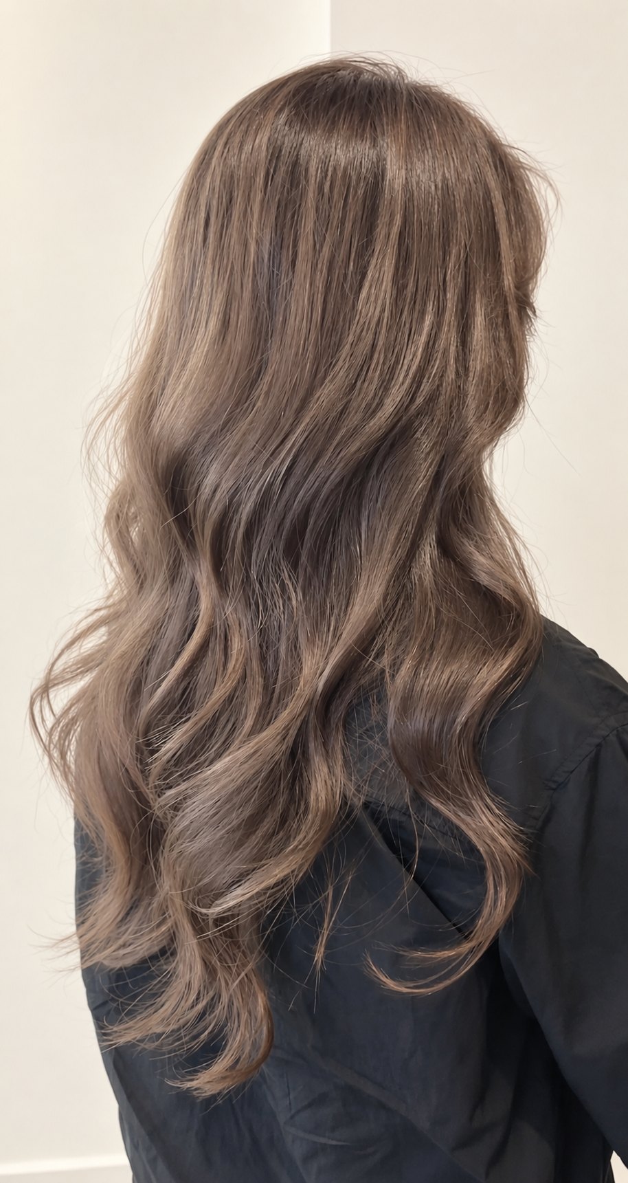 Ash beige-brown waves, back view — Ash Brown Hair Color at Beijin hair, Jeonpo-Seomyeon, Busan