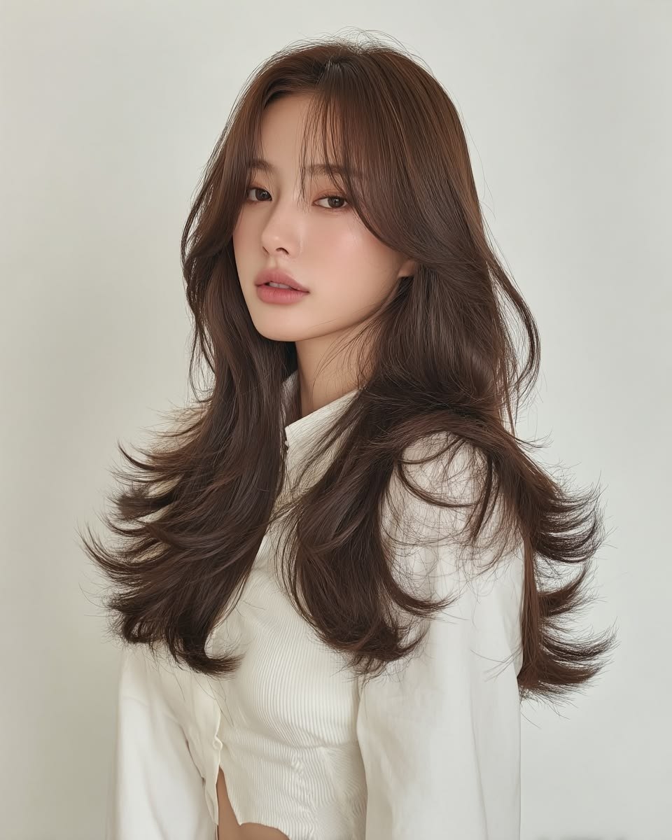 Ash brown long layered waves — Ash Brown Hair Color at Beijin hair, Jeonpo-Seomyeon, Busan