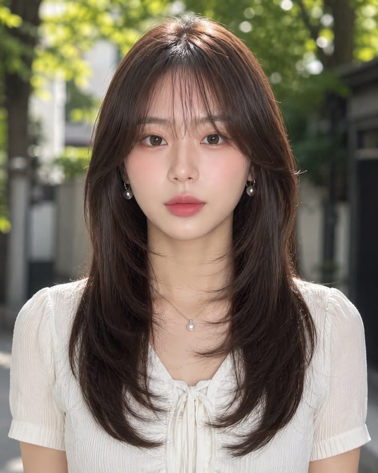 Long layered cut with full bangs — Korean Layered Cut at Beijin hair, Jeonpo-Seomyeon, Busan